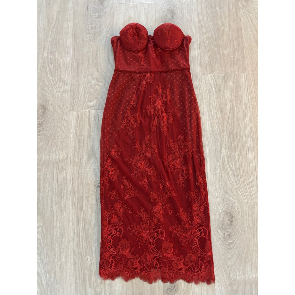 Lovers + Friends Midi Dress Womens Small Red‎ Lace Strapless Bustier Bodycon